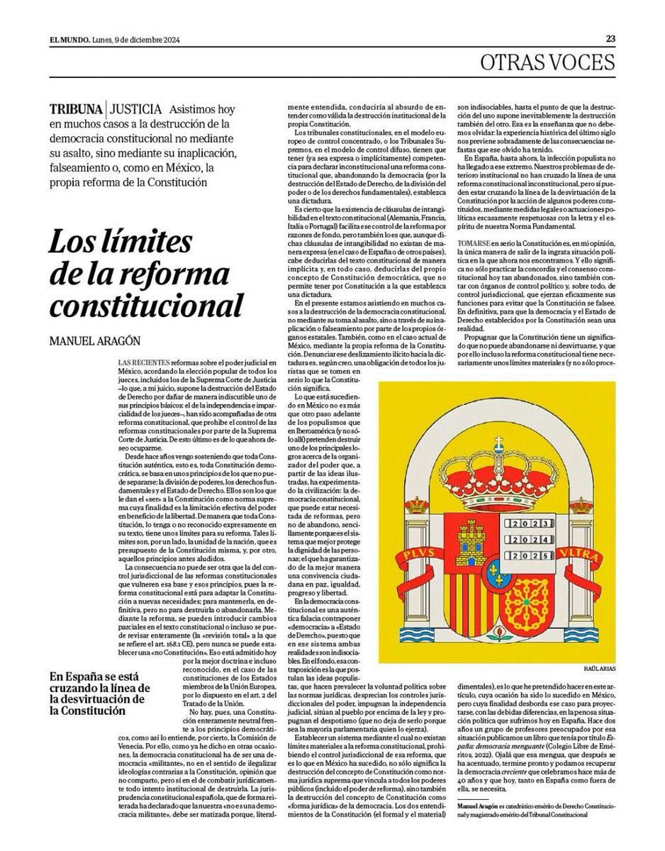 Lean a Manuel Aragón sobre la menguante democracia española. La pregunta, como siempre, es ¿qué hacer? Máxime si el TC sigue derribando pilares constitucionales. ¿Procede empezar a dar por agotada la CE78? ¿Conviene que sus enemigos empiecen a percatarse de lo que pueden perder?