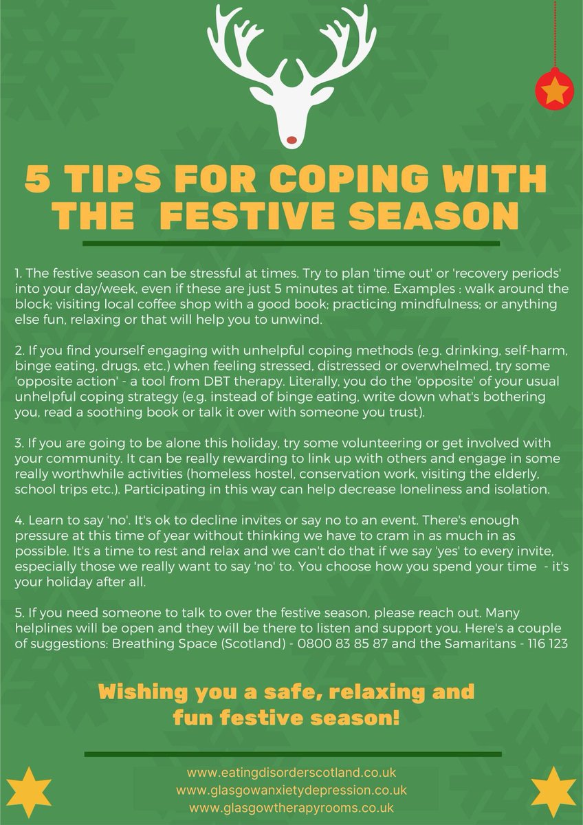ScotCounselling's tweet photo. This time of year can be tricky for many reasons. Read 'Tips for Coping with the Festive Season on our blog here: https://t.co/bdSMLz7fCm #copingtips #holidayseason #anxiety #depression #stress #anger #grief #relationships #trauma #stress #therapy #counselling #dietitian #cbt https://t.co/qfytDJ8xGg