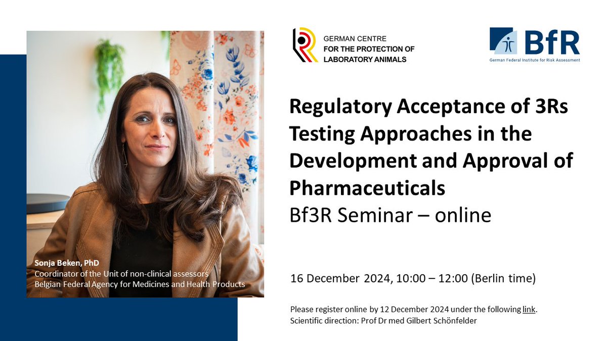 BfR | Bundesinstitut für Risikobewertung (@bfrde) on Twitter photo Am 16.12.2024 findet das <a href="/Bf3R_centre/">Bf3R_centre</a>-Seminar mit Sonja Beken von der belgischen FAMHP statt. Die Seminare adressieren Themen im Bereich der 3R (Reduce, Replace, Refine), wie z. B. Alternativen zum #Tierversuch in Grundlagenforschung & Toxikologie.
Infos: bfr-akademie.de/english/bf3r-2… Am 16.12.2024 findet das <a href="/Bf3R_centre/">Bf3R_centre</a>-Seminar mit Sonja Beken von der belgischen FAMHP statt. Die Seminare adressieren Themen im Bereich der 3R (Reduce, Replace, Refine), wie z. B. Alternativen zum #Tierversuch in Grundlagenforschung & Toxikologie.
Infos: bfr-akademie.de/english/bf3r-2…