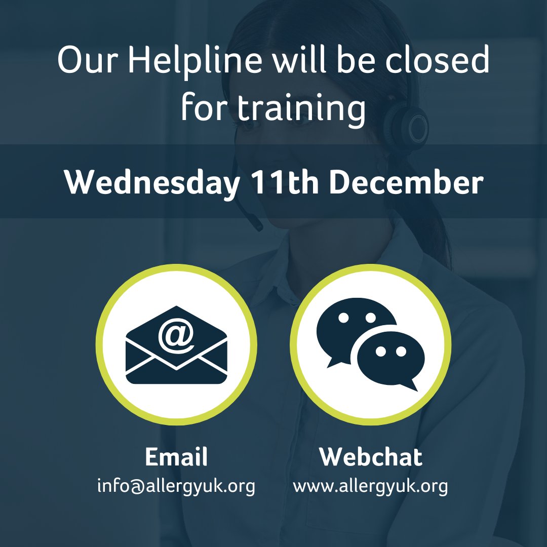 Allergy UK (@allergyuk1) on Twitter photo On Wednesday 11th December, our Helpline will be closed for staff training. You can email info@allergyuk.org or leave a message via webchat at allergyuk.org. In emergencies, dial 999. Thank you for your patience! On Wednesday 11th December, our Helpline will be closed for staff training. You can email info@allergyuk.org or leave a message via webchat at allergyuk.org. In emergencies, dial 999. Thank you for your patience!