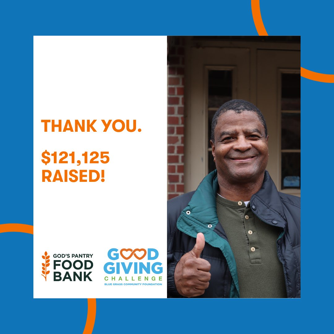 You really showed up for your neighbors during the GoodGiving Challenge, and we can’t thank you enough.  🙏🤗💖

With your help, God’s Pantry Food Bank raised $121,125 — enough to help create 726,750 meals!

Thank you!  #HungerFreeKY #GPFB #GoodGivingChallenge #BGCFKY