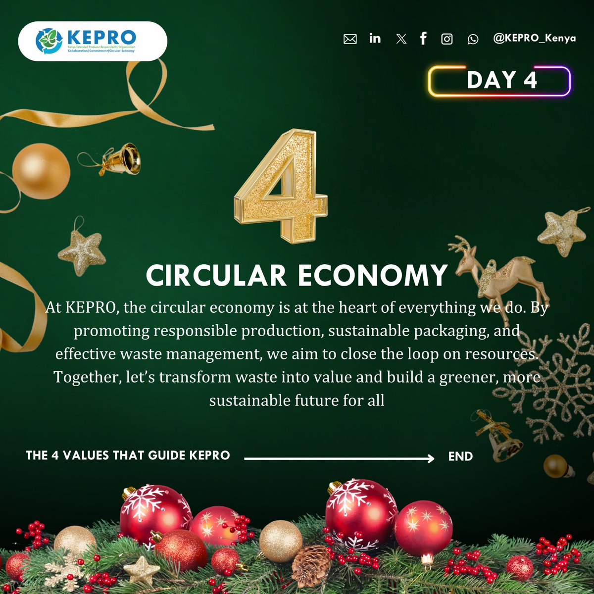 kepro_ke's tweet photo. Day 4: Values That Drive Change!
At #KEPRO, our values are more than just words—they are the foundation of everything we do. They guide us, inspire us, and shape our journey toward a more sustainable future.
In the pursuit of a circular economy, our values which are: #Collaboration, #Commitment, #Community, and #Circularity hold immense significance. They empower us to:
✅Collaborate with stakeholders across industries to drive collective impact.
✅Stay committed to innovation, accountability, and lasting change.
✅Build a thriving community where every voice matters.
✅Champion circularity as the cornerstone of sustainability.
Values are the compass that keeps us aligned with our mission to create a cleaner, greener planet. They remind us that achieving a circular economy is not just about managing waste—it's about reshaping systems, inspiring action, and leaving a legacy of hope for future generations.
With strong values, anything is possible. Together, let’s continue driving the circular economy forward.
#12DaysOfChristmas #CircularEconomy #CircularChristmas #KEPROinAction #Sustainability