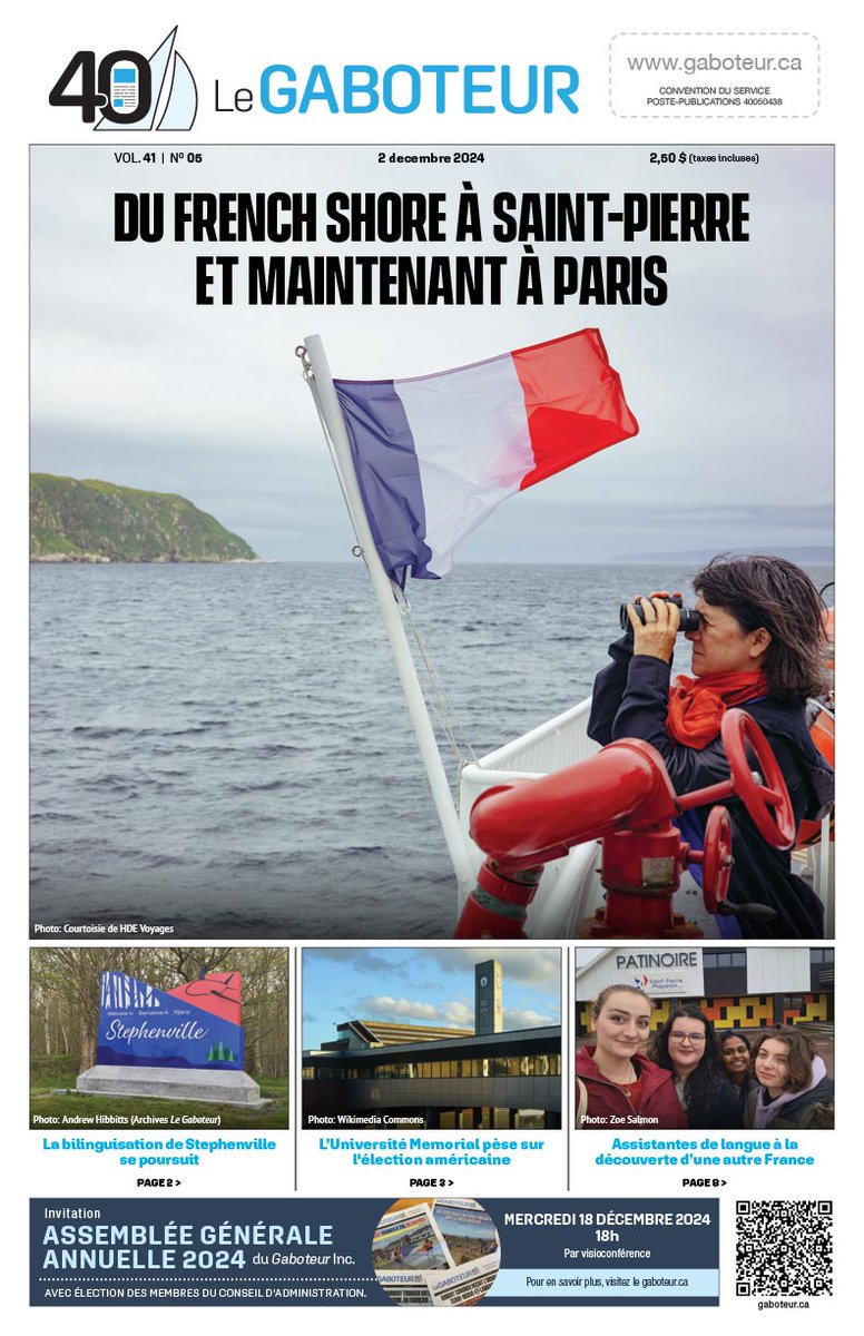 Du French Shore à Saint-Pierre et maintenant à Paris

En manchette:
PAGE 2 - La bilinguisation de Stephenville se poursuit
PAGE 3 - L’Université Memorial pèse sur l’élection américaine
PAGE 8 - Assistantes de langue à la découverte d’une autre France

gaboteur.ca/editions/editi…