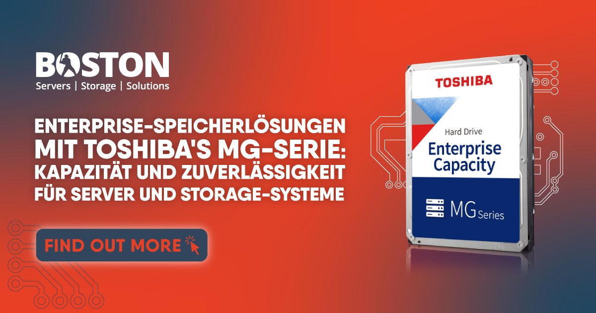BostonGermany's tweet image. 💾 Die @ToshibaStorage MG-Serie: Enterprise-Speicherlösungen auf höchstem Niveau!
Bis zu 24 TB Kapazität, robuste Technologien und höchste Zuverlässigkeit – ideal für Cloud, Big Data und mehr.
📖 Blog lesen: eu1.hubs.ly/H0f68gr0
#Storage #ToshibaMG #EnterpriseComputing