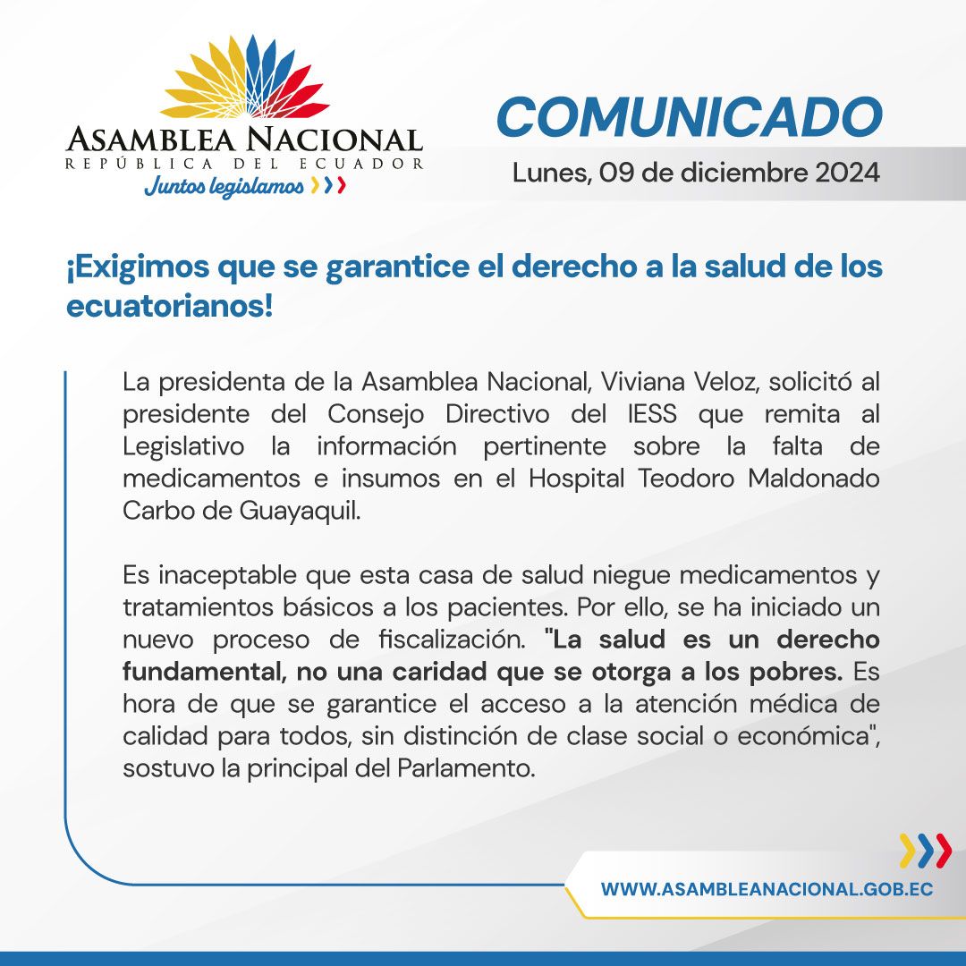 sucrenoticiasec's tweet photo. Presidenta de @AsambleaEcuador, @VivianaVelozEc, solicita al titular del Consejo Directivo del @IESSec, Eduardo Peña, remita al legislativo información sobre la falta de medicamentos e insumos en el Hospital Teodoro Maldonado Carbo de #Guayaquil #HTMC https://t.co/NxEpPqBuUQ