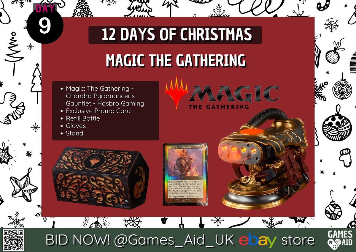 GamesAid's tweet photo. Gather around for Day 9 of 12 days of Christmas 🎄
Do you have the power to wield the Pyromancer's Gauntlet? 💥
BID NOW! 🔥
👇
https://t.co/whqVpCPYVa
#gamesaid #magicthegathing #hasbrogaming #12daysofchristmas #ebay https://t.co/NOAA9rCqgZ