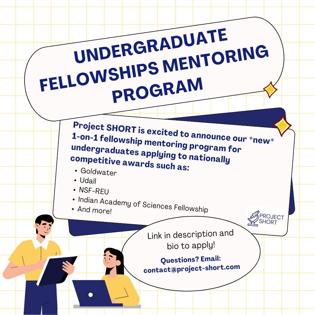 Project SHORT (@projectshort) on Twitter photo Do you know an undergraduate applying to nationally competitive awards like Goldwater, Udall, or NSF-REUs? Consider sharing our fellowships mentoring program!
Mentees can apply here: buff.ly/3CXRY6Z 
#phd #fellowships #gradadmissions Do you know an undergraduate applying to nationally competitive awards like Goldwater, Udall, or NSF-REUs? Consider sharing our fellowships mentoring program!
Mentees can apply here: buff.ly/3CXRY6Z 
#phd #fellowships #gradadmissions