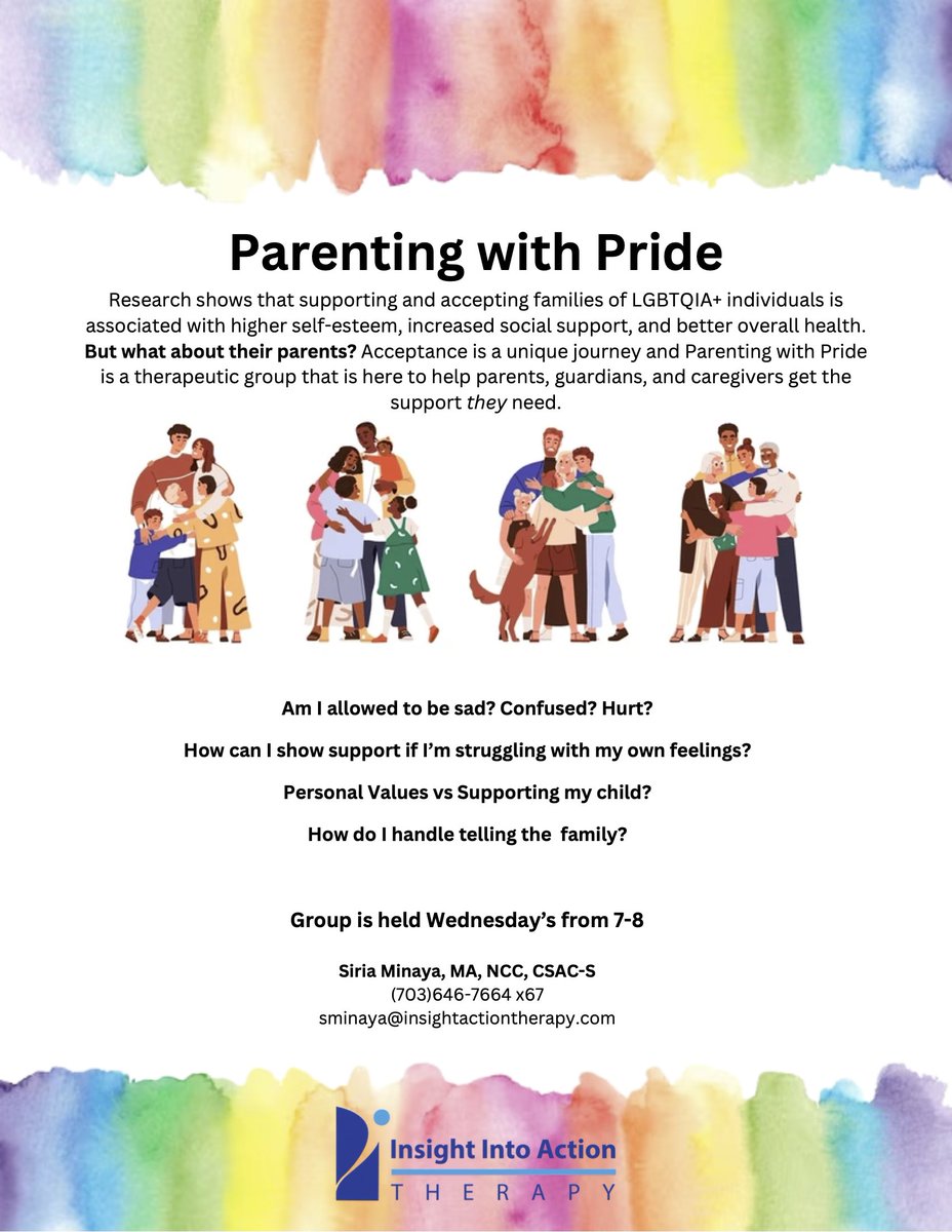 Insightn2Action's tweet photo. Where can parents and loved ones of LGBTQIA+ individuals go to openly discuss their own feelings? New group Parenting With Pride -WEDNESDAYS FROM 7-8 PM .
Contact Siria Minaya: 
sminaya@insightactiontherapy.com
(703)646-7664 ext. 67 https://t.co/ZmMdz4HG0K