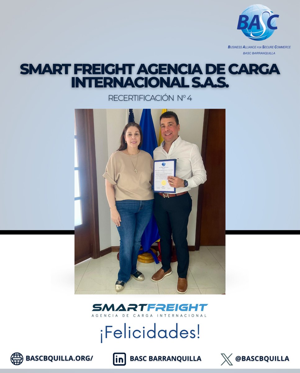 bascbquilla's tweet image. Realizamos entrega de la certificación BASC de la empresa #SmartFreight que obtuvo su recertificación N•4.

¡Felicitaciones!

#ComercioSeguro #SomosBASC