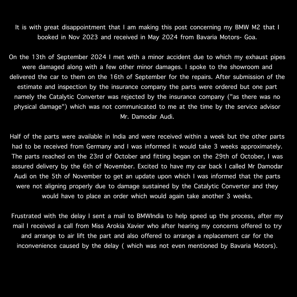Nightving26's tweet photo. Frustration and disappointment with BMW India after sales service for my M2: Delays, communication failures and utter incompetence 

@BMW @BMWGroup @bmwindia 

#bmw #bmwm2 #bmwgermany #bmwindia https://t.co/tVEdlymtM6
