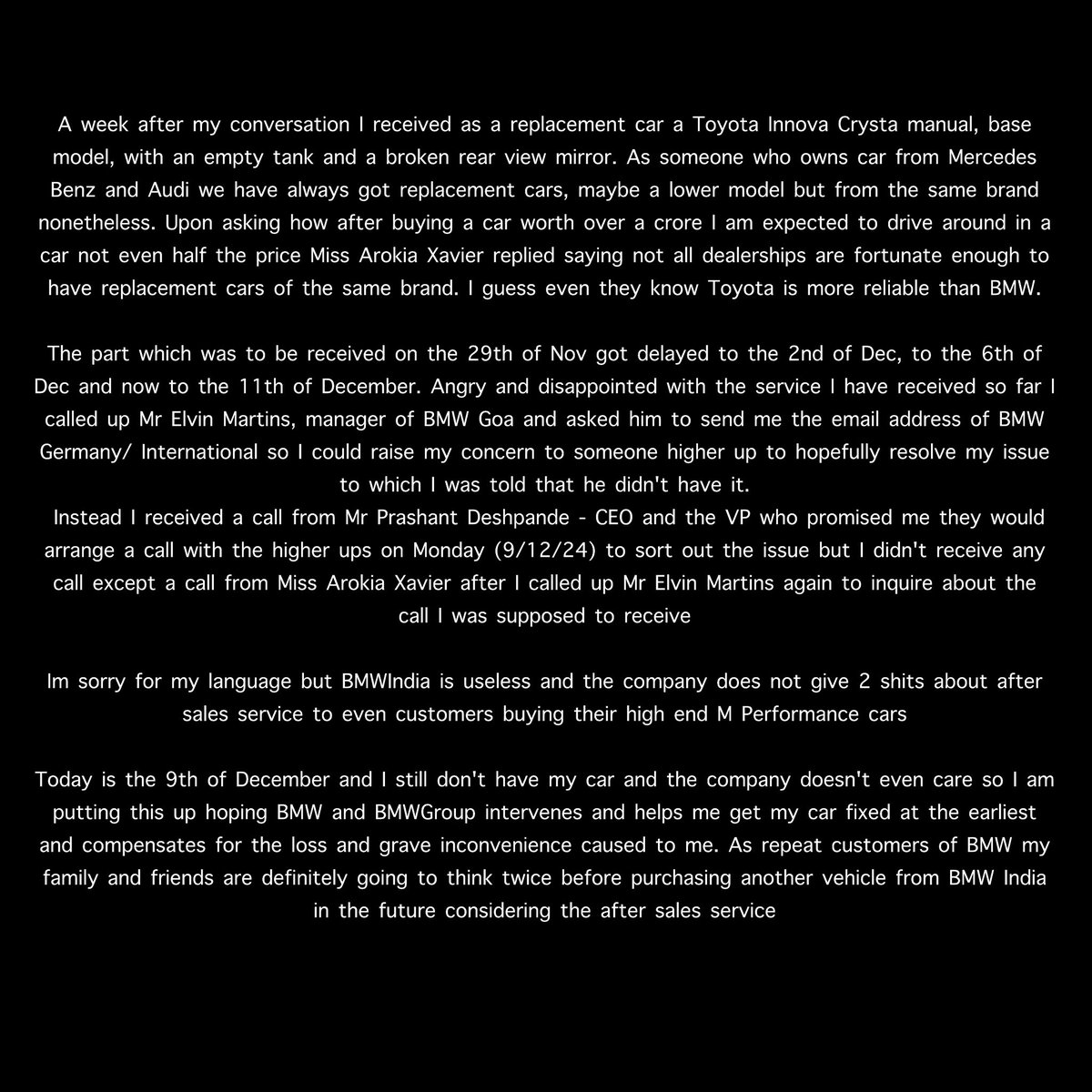 Nightving26's tweet photo. Frustration and disappointment with BMW India after sales service for my M2: Delays, communication failures and utter incompetence 

@BMW @BMWGroup @bmwindia 

#bmw #bmwm2 #bmwgermany #bmwindia https://t.co/tVEdlymtM6