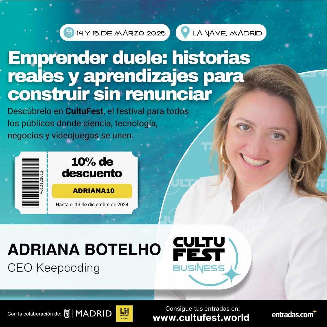 Adriana Botelho, cofundadora y CEO de @keepcoding_ , estará en CultuFest 🤩 con su charla 🗣️ : Emprender duele: historias reales y aprendizajes para construir sin renunciar 💪 .

📅 14 y 15 de marzo
📍 La Nave, Madrid

🎟 Entradas ya a la venta en la web👉 cultufest.world