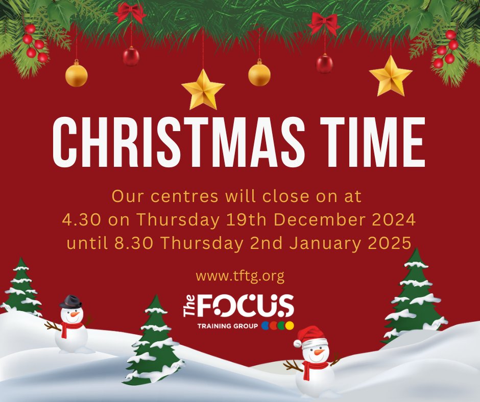 Day 16 of Advent 🎄
As we approach the festive season, we want to remind all our learners and customers that we’re here to support you right up until 4:30 PM on Thurs, 19/12/24 
Our centres will re-open at 8:30 AM on Thurs 2/1/25 
thefocustraininggroup.com