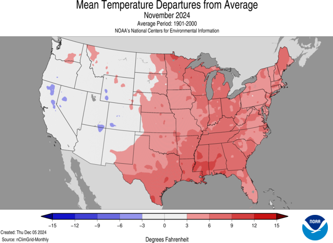 NOAA's tweet photo. (1 of 5) JUST IN: #Fall 2024 was the nation’s warmest on record.

The U.S. experienced its warmest year-to-date period on record.

More from our #November 2024 #StateofClimate Report:

https://t.co/M97Th5Jj3R

@NOAANCEI https://t.co/61KoHQ50Ng