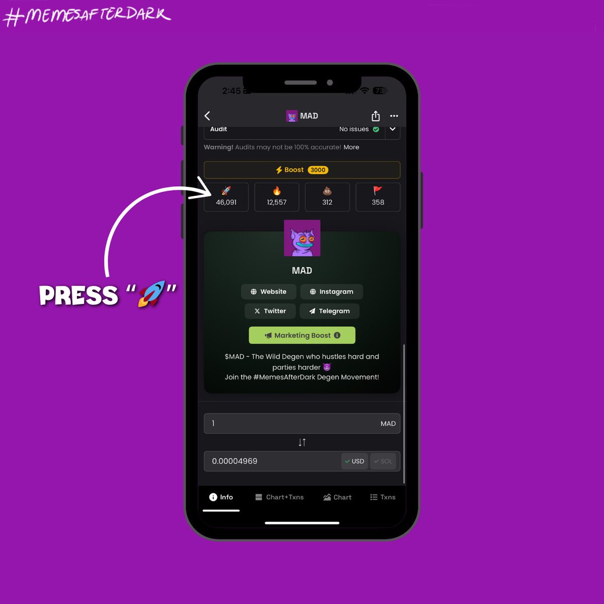 The $MAD hype is blasting off, and we need YOU to fuel the rocket! If you’re a true Degen, it’s time to show your MAD support.  🔥

 Here’s the mission:  

1️⃣ Head to dexscreener and search for MAD 
2️⃣ Scroll down then smash that rocket "🚀" button to boost $MAD visibility. 
3️⃣