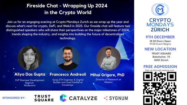 Francesco Andreoli | andreolf.ethᵍᵐ (@francescoswiss) on Twitter photo 🚀 Excited to join <a href="/AliyaDG/">Aliya Das Gupta</a> from <a href="/sygnumofficial/">Sygnum Bank</a> and <a href="/tech_metrics/">Mihai Grigore 🚀</a> from <a href="/MessariCrypto/">Messari</a> this Monday for an engaging discussion on 2024’s key trends and what’s ahead for crypto in 2025 at <a href="/CryptoMondaysZH/">CryptoMondaysZurich</a>!
🎙 Topics We’ll Cover for builders in the audience:
1️⃣ Key trends from 🚀 Excited to join <a href="/AliyaDG/">Aliya Das Gupta</a> from <a href="/sygnumofficial/">Sygnum Bank</a> and <a href="/tech_metrics/">Mihai Grigore 🚀</a> from <a href="/MessariCrypto/">Messari</a> this Monday for an engaging discussion on 2024’s key trends and what’s ahead for crypto in 2025 at <a href="/CryptoMondaysZH/">CryptoMondaysZurich</a>!
🎙 Topics We’ll Cover for builders in the audience:
1️⃣ Key trends from