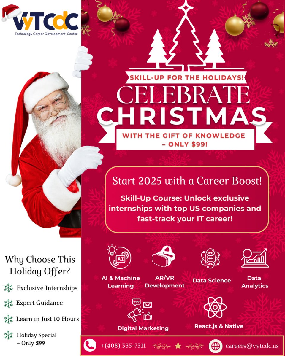 Vytcdcusa2002's tweet image. Skill-Up for the Holidays! 🎉
Celebrate Christmas &amp;amp; New Year with the gift of knowledge – Only $99!

#SkillUp #Holidays2023 #ChristmasLearning #NewYearNewSkills #GiftOfKnowledge #OnlineCourses #LearnSomethingNew #EducationForAll #HolidaySpecial #KnowledgeIsPower #InvestInYourself