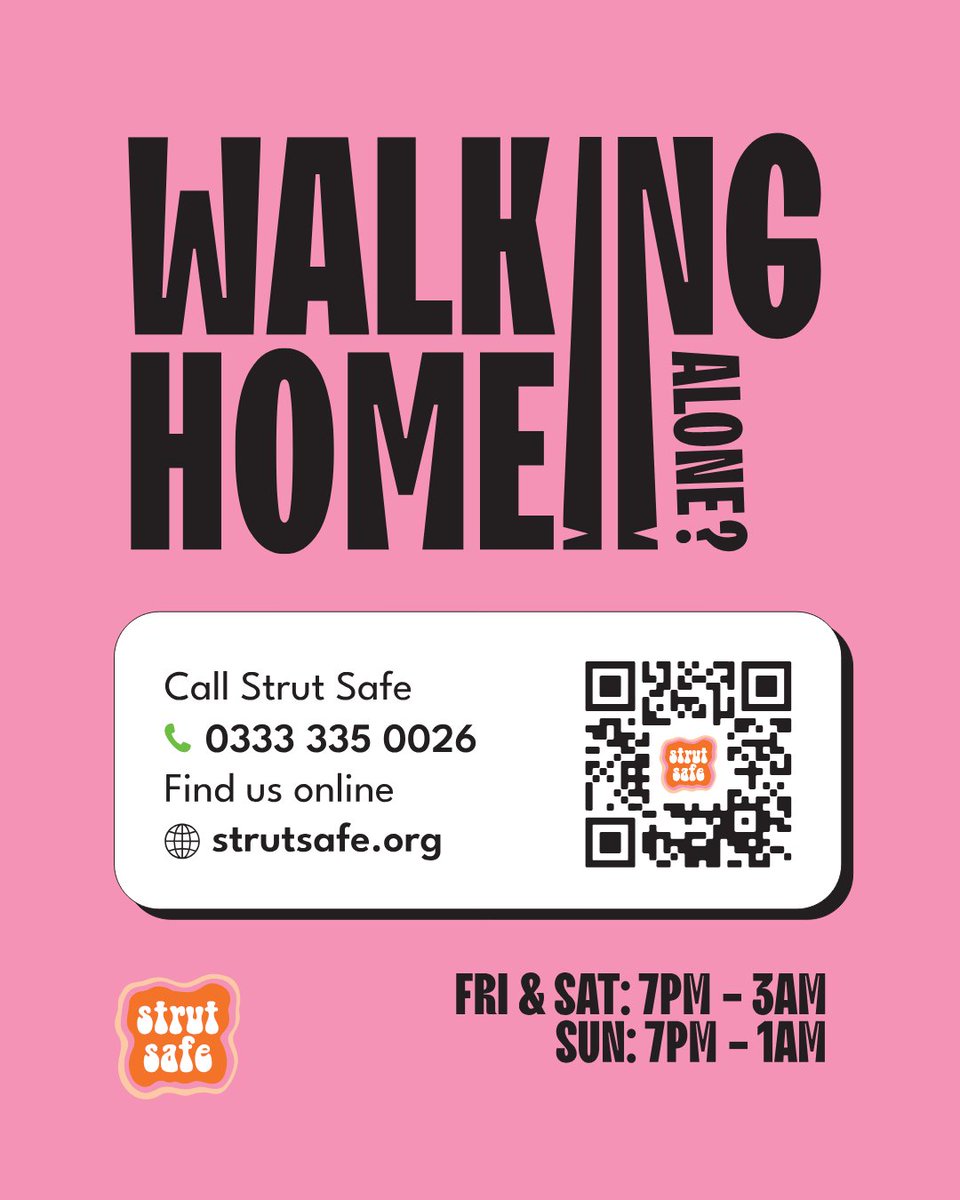 CBPlus_'s tweet photo. Out late for Christmas parties or New Year’s Eve? 🎄 @StrutSafe offers a FREE UK-wide phone line for anyone walking alone at night! Available Fri-Sat 7 pm–3 am, Sun 7 pm–1 am.

Not affiliated, but we love sharing this great resource! Learn more: https://t.co/xbnjgaT62G #StrutSafe https://t.co/xbFUf0KQVy