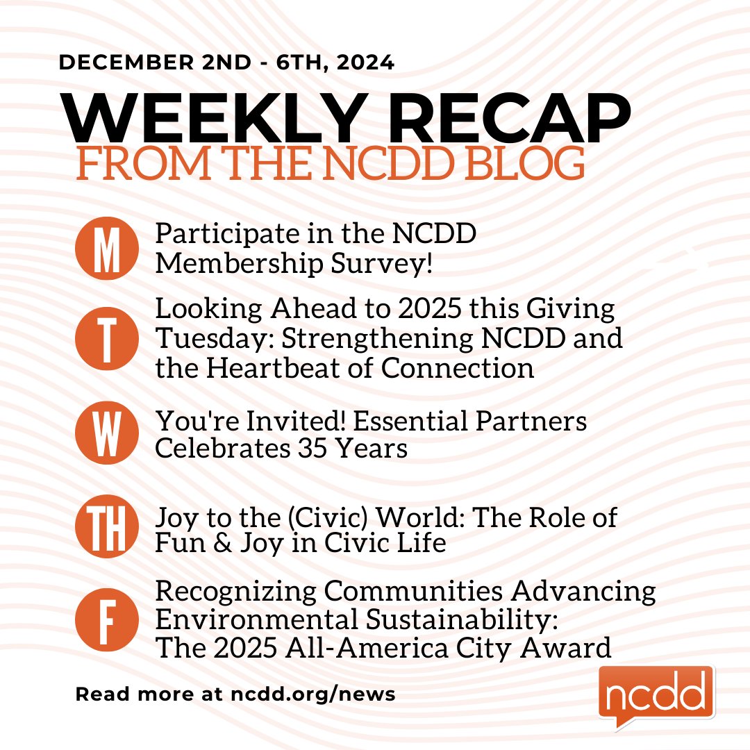 ncdd's tweet photo. Let's recap last week on the NCDD blog! Featuring @essentialprtnrs, @DemocracyNotes, and @NationalCivic! Visit https://t.co/rJMi5zPG9D to read more.

#demopart #listenfirst #disagreebetter #NCDD https://t.co/hhJgtalKSX