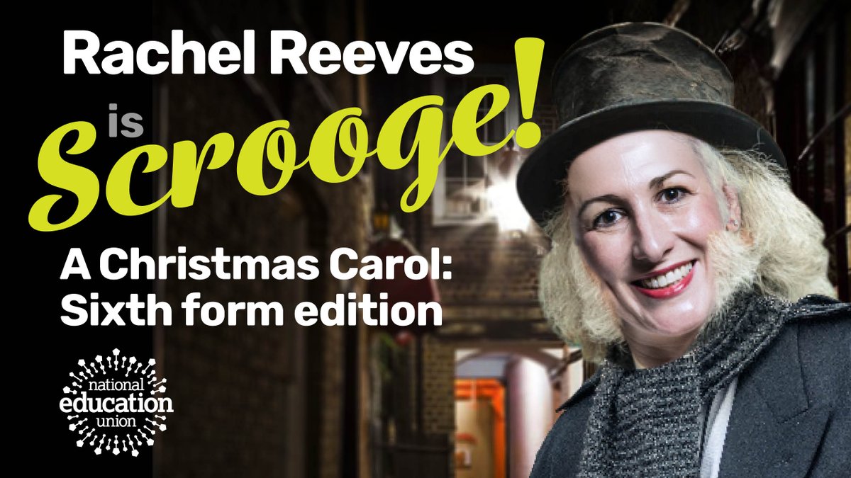 NEUnion's tweet photo. A Christmas Carol... Sixth Form Edition 🎄

Rachel Reeves &amp; Bridget Phillipson: channelling their inner Scrooge by leaving non-academised sixth form teachers out in the cold.

🕯️ A Christmas miracle could fix this: a fair pay award now. #PayUp24 

https://t.co/CCOQO6g5k9 https://t.co/EwmMZXFDb4