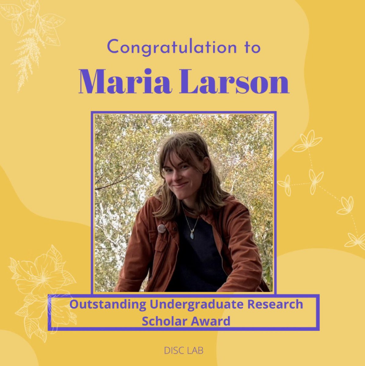 DISC_LabKids's tweet image. Congratulations to Maria Larson for earning the Outstanding Undergraduate Research Scholar Award 🥇
Given by UW’s Psych Department — OURS is awarded to a full-time undergraduate Psychology major who has shown exemplary contribution to research during their time as an undergrad!