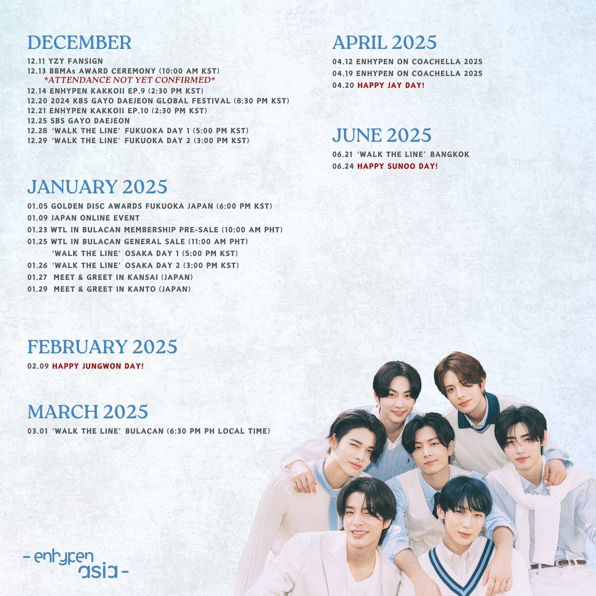 [EN-SCHEDULE]

Check here for ENHYPEN’s updated schedule! 🗓️

※ 𝙋𝙡𝙚𝙖𝙨𝙚 𝙣𝙤𝙩𝙞𝙛𝙮 𝙪𝙨 𝙞𝙛 𝙬𝙚 𝙚𝙫𝙚𝙧 𝙛𝙤𝙧𝙜𝙚𝙩 𝙩𝙤 𝙞𝙣𝙘𝙡𝙪𝙙𝙚 𝙖 𝙨𝙘𝙝𝙚𝙙𝙪𝙡𝙚 𝙨𝙤 𝙩𝙝𝙖𝙩 𝙬𝙚 𝙘𝙖𝙣 𝙧𝙚𝙘𝙩𝙞𝙛𝙮 𝙞𝙩 𝘼𝙎𝘼𝙋

#ENHYPEN #엔하이픈 <a href="/ENHYPEN_members/">ENHYPEN</a> <a href="/ENHYPEN/">ENHYPEN OFFICIAL</a>