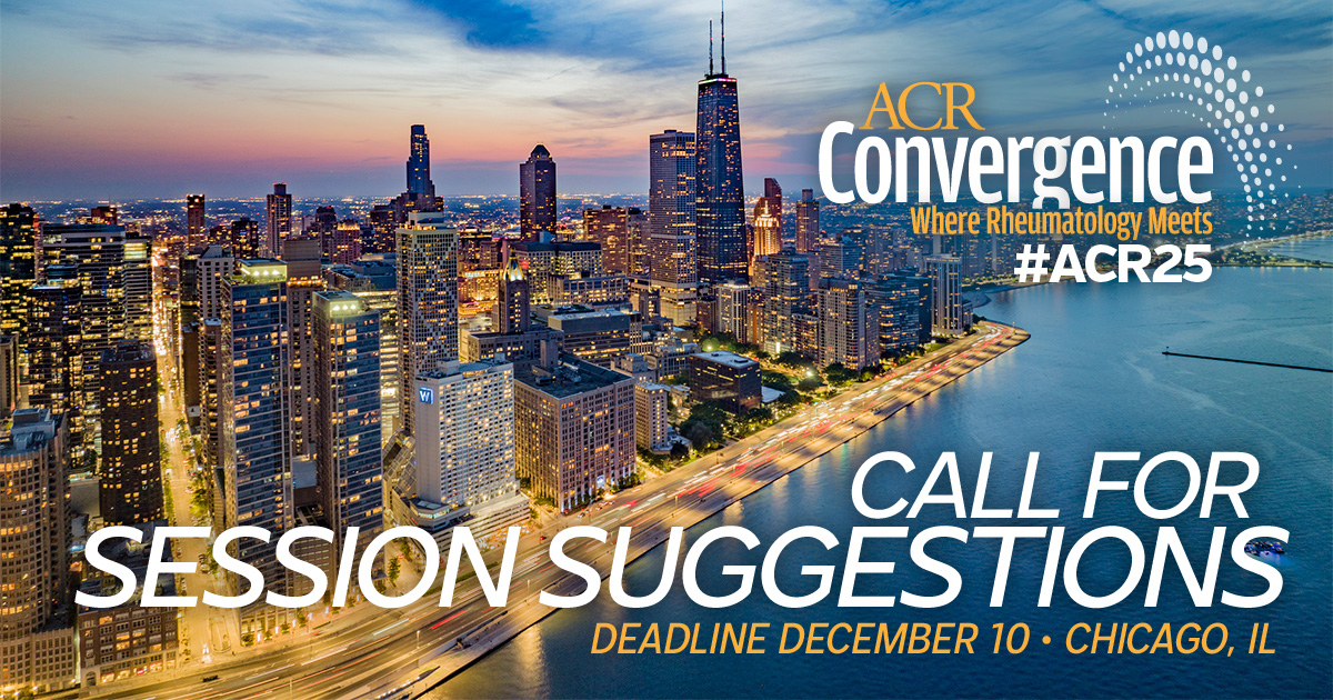 Last call! Take advantage of this opportunity to share your #rheum expertise &amp; submit your #ACR25 session suggestions by TOMORROW, Tues., Dec. 10, at 11:59 PM ET. Details → acr.tw/3YgStQ1