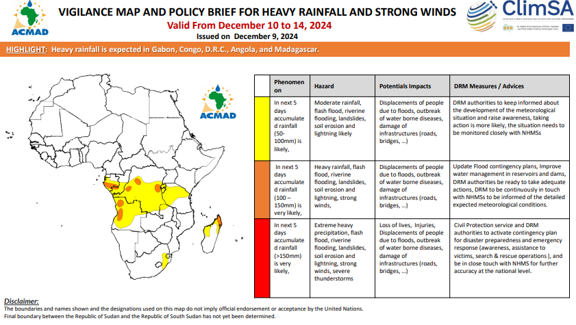 ACMAD_org's tweet photo. ℹ️5-Days #Heavyrainfall forecast (10-14Dec,2024)
⛈️Heavy rainfall (100-150mm) is very likely in southern #Gabon,eastern #Congo,#Burundi, northern and western #Angola, western & eastern #DRC, and northern #Madagascar
Details👉https://t.co/9LiWsZm850
#MultiHazards #Africa #Forecast https://t.co/qQV5Cqj9oG