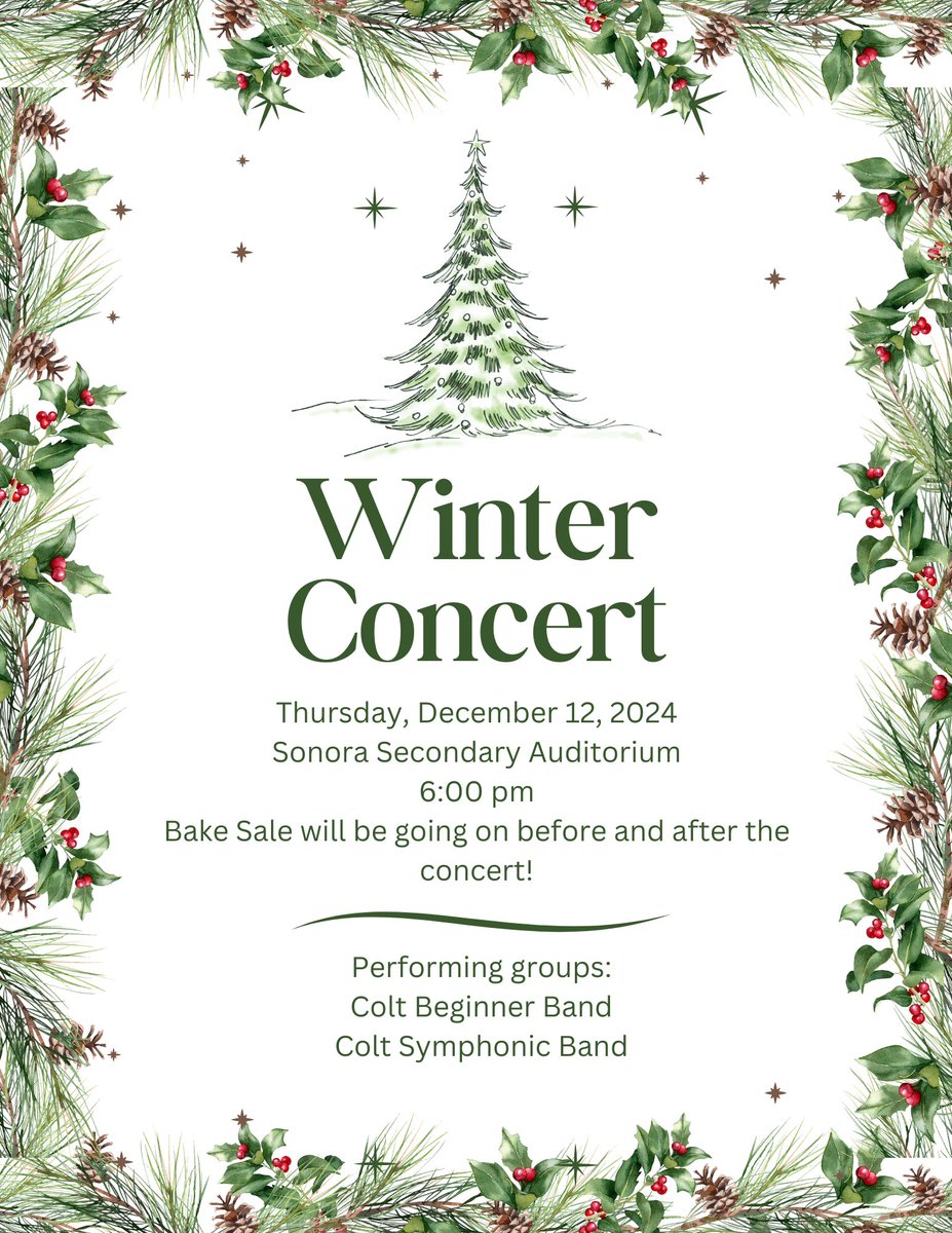 From Mr. Zitterkopf
We have some changes with our concert this Thursday. The Colt Beginner Band and the Colt Symphonic Band will still perform their concert on Thursday with a new time of 6pm. The Mighty Bronco Band will be having their concert Sunday at 2pm!