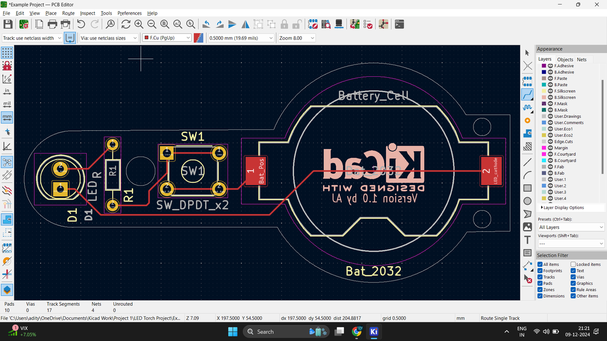 RiderAJ3's tweet image. 📅 Day 3: Progressing with PCB Design!  

Designed my first #PCB  an LED Torch!💡  
-Learned to add components -connect circuits 🛠️
- Routed the board and checked design rules✅  
- Visualized the final design in 3D🔍  

Excited to see #🚀
#ElectronicsLearning #PCBDesign #KiCad