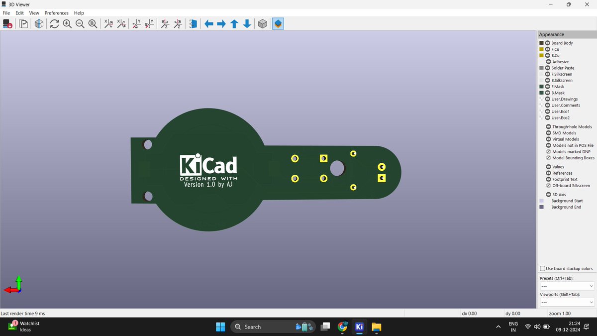 RiderAJ3's tweet image. 📅 Day 3: Progressing with PCB Design!  

Designed my first #PCB  an LED Torch!💡  
-Learned to add components -connect circuits 🛠️
- Routed the board and checked design rules✅  
- Visualized the final design in 3D🔍  

Excited to see #🚀
#ElectronicsLearning #PCBDesign #KiCad