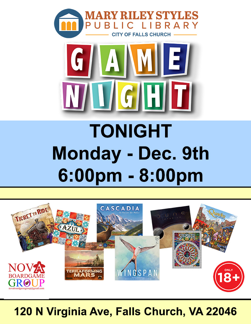 NOVA BoardGame Group (@novaboardgame) on Twitter photo Board Game Night TONIGHT - Monday, Dec. 9th - at 6pm in Falls Church Library main community room. Free event. Come learn a new game and make new friends. #fallschurchva #nova #dmvevents <a href="/ilovearlingtonv/">I Love Arlington VA</a> <a href="/mrsplfc/">MRS Public Library</a> <a href="/FallsChurchGov/">City of Falls Church</a> Board Game Night TONIGHT - Monday, Dec. 9th - at 6pm in Falls Church Library main community room. Free event. Come learn a new game and make new friends. #fallschurchva #nova #dmvevents <a href="/ilovearlingtonv/">I Love Arlington VA</a> <a href="/mrsplfc/">MRS Public Library</a> <a href="/FallsChurchGov/">City of Falls Church</a>