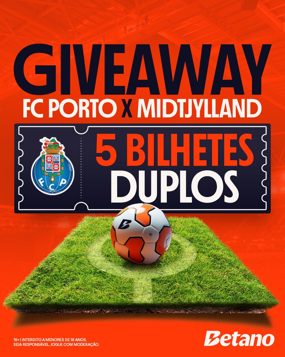 Queres ir ver o @fcporto x Midtjylland? Temos 5️⃣ bilhetes duplos! Para ganhares, só tens de:

➡️ Seguir a <a href="/Betano_PT/">Betano Portugal 🔞</a>
➡️ Like, RT e marcar 3 amigos

⚠️ Termina dia 11/12 às 11h00. Anunciamos os vencedores até às 12h00.