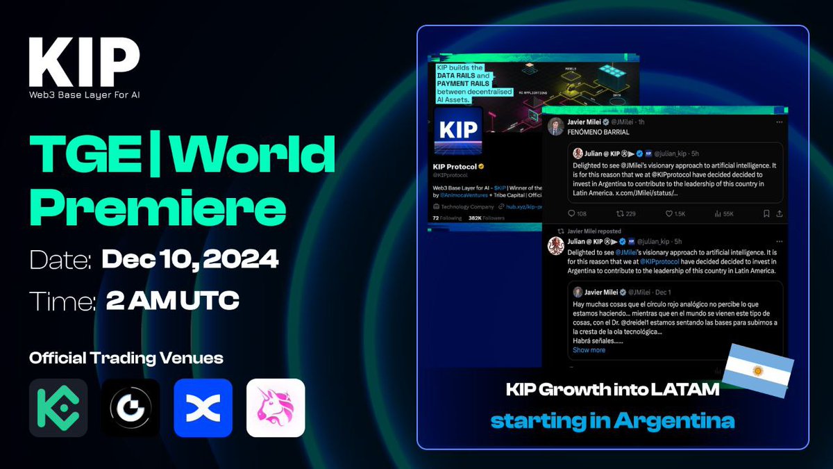 evancrypt's tweet photo. Bullish on projects with genuine products.
$KIP is the first system to empower easy deployment and monetization of AI assets while maintaining full ownership rights, and is set to launch on December 10th, at 2 AM UTC, on Kucoin, https://t.co/X3U347tbM5, BingX.
@KIPprotocol
π» Why the hype?
βοΈ Argentinaβs President Milei supported
βοΈ They won the ChainLink Hackathon 2023.
βοΈ Partnership with TISTR to explore more on AI & Biotechnology
βοΈ OpenCampus Educational Platform being built.
Imagine a world where AI agents are as efficient as possible. That's the future $KIP is building.
With a potential market cap of as low as possible, I see this as a golden opportunity to get in early on a top tier project.
Don't miss out on the biggest AI launch of Q4! ποΈ Mark your calendars for December 10th.
#AgentDAO #KIP #AI #Crypto
π«Ά