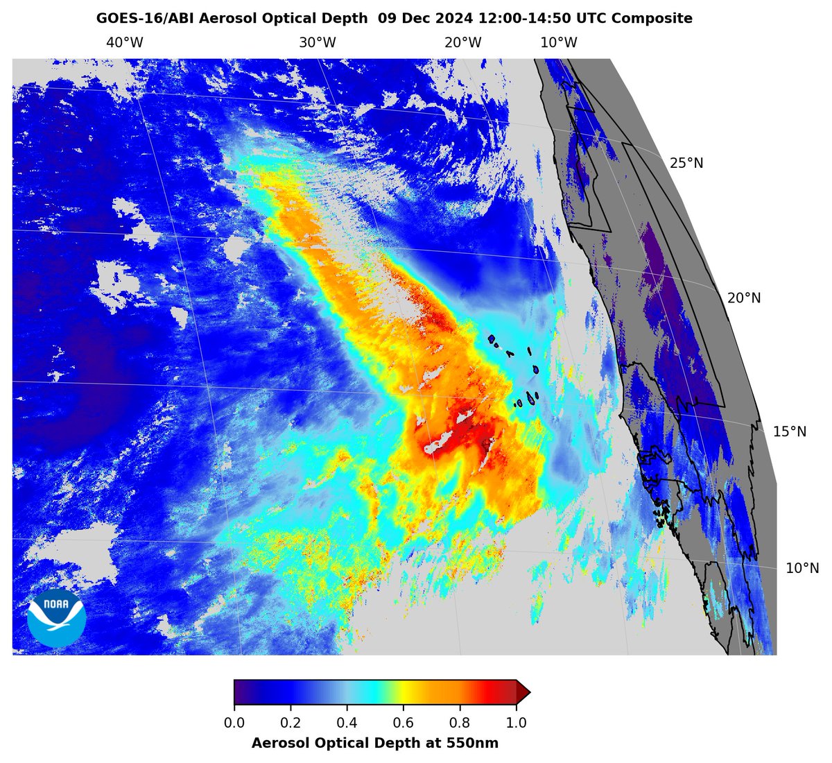 AerosolWatch (@aerosolwatch) on Twitter photo This morning 9 Dec, <a href="/NOAASatellites/">NOAA Satellites</a> #GOESEast #ABI aerosol optical depth (AOD) observed a large, moderately thick plume of #SaharanDust (AOD ≥0.5) over the tropical eastern #AtlanticOcean, moving away from the coast of #WestAfrica & #CaboVerde. <a href="/DustStormNews/">Dust Storm News</a> <a href="/GOESguy/">Tim Schmit</a> This morning 9 Dec, <a href="/NOAASatellites/">NOAA Satellites</a> #GOESEast #ABI aerosol optical depth (AOD) observed a large, moderately thick plume of #SaharanDust (AOD ≥0.5) over the tropical eastern #AtlanticOcean, moving away from the coast of #WestAfrica & #CaboVerde. <a href="/DustStormNews/">Dust Storm News</a> <a href="/GOESguy/">Tim Schmit</a>