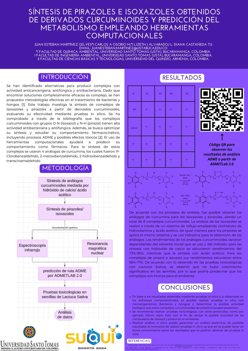 juanesglvz's tweet photo. Hola, comunidad @SUQUI2024. Este es mi trabajo: Síntesis de pirazoles e isoxazoles obtenidos de derivados curcuminoides y predicción del metabolismo empleando herramientas computacionales por Juan Esteban Martínez Gelves https://t.co/jQsWlE84Fx