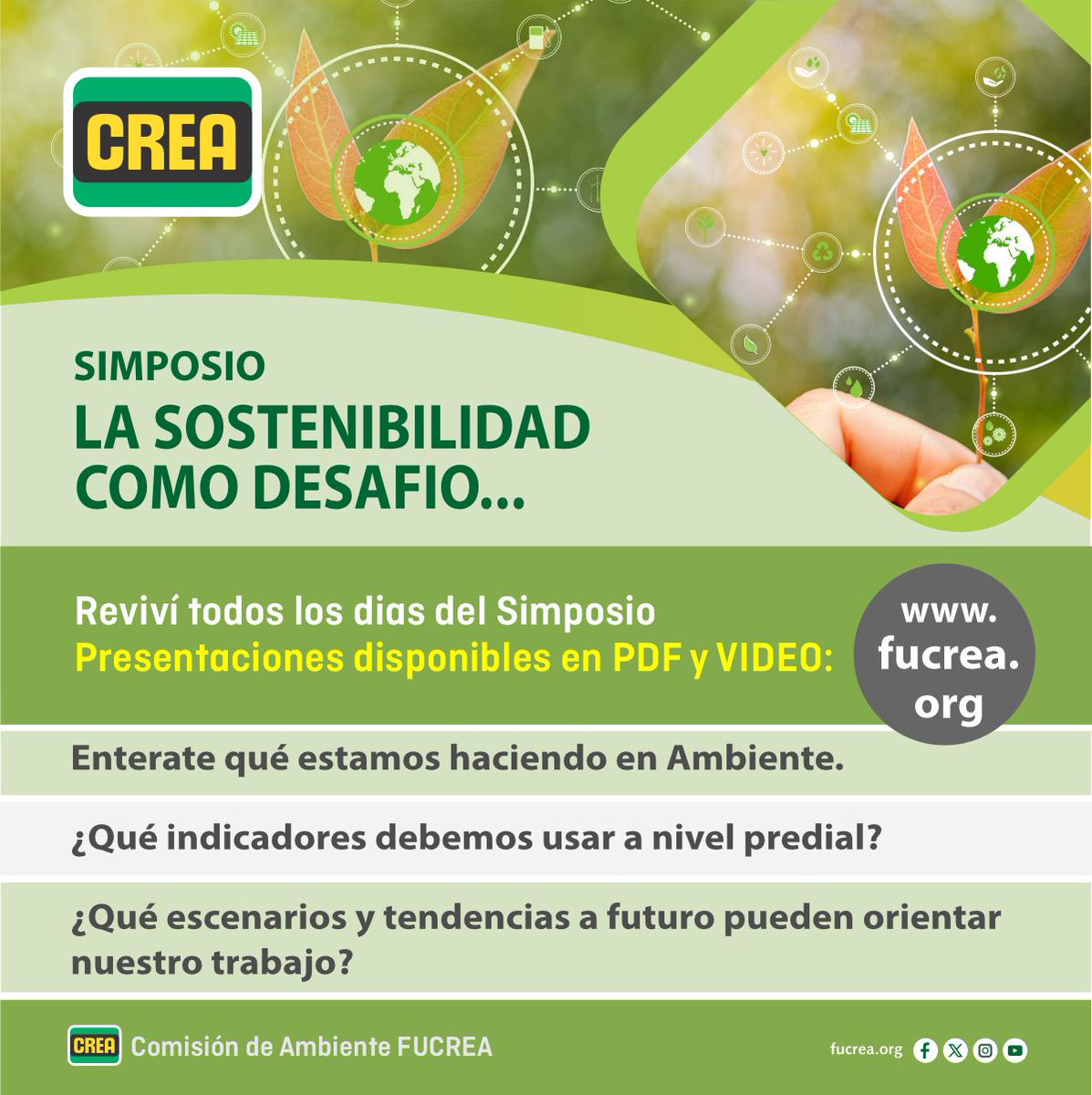 🔁Reviví lo compartido en el Simposio CREA "La Sostenibilidad como desafío" y enterate de las últimas novedades del trabajo de la Comisión de Ambiente de FUCREA.

👉 Clic aquí: fucrea.org/institucional/…