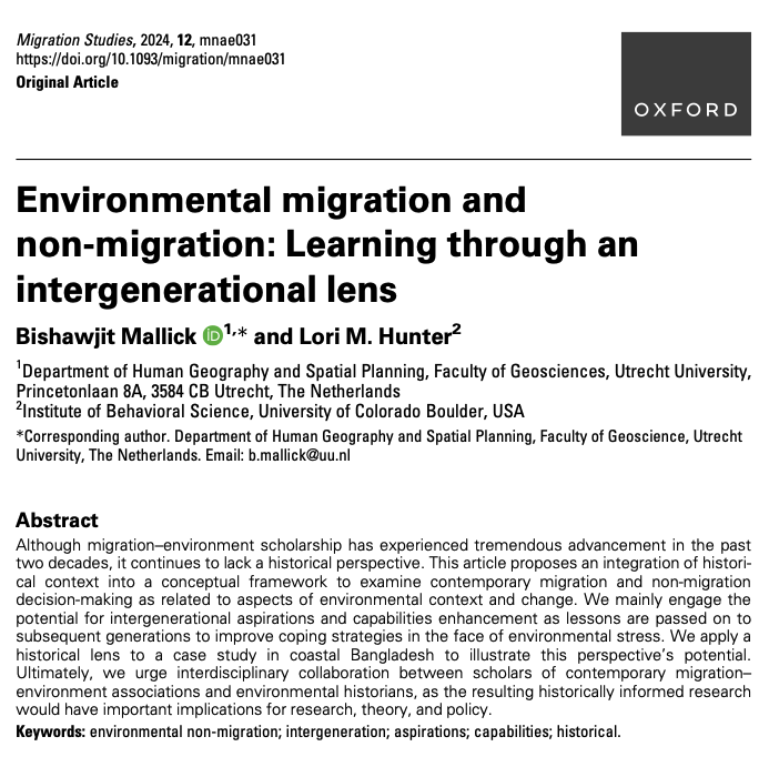 Migration Studies (@migrationjrnl) on Twitter photo How can migration decision-making be further integrated with environmental context and change? <a href="/BishawjitMalli2/">Bishawjit Mallick</a> & Lori M. Hunter apply a historical lens to a case study in Bangladesh, highlighting potential avenues for interdisciplinary collaboration.
doi.org/10.1093/migrat… How can migration decision-making be further integrated with environmental context and change? <a href="/BishawjitMalli2/">Bishawjit Mallick</a> & Lori M. Hunter apply a historical lens to a case study in Bangladesh, highlighting potential avenues for interdisciplinary collaboration.
doi.org/10.1093/migrat…