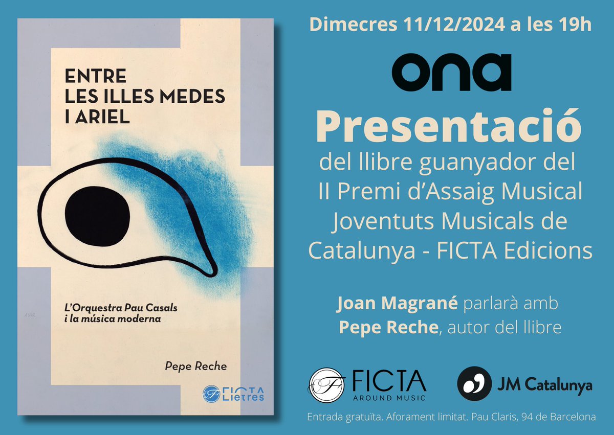 JMCatalunya's tweet photo. 📘Aquest dimecres us esperem a tots a la @OnaLlibres a la presentació del llibre guanyador de la II edició del Premi #JoventutsMusicalsCatalunya- @FictaEdicions, "Entre les illes Medes i Ariel" de @Pepe_Reche, qui parlarà amb @JoanMagrane 🎶 https://t.co/ZljdXNZIWY