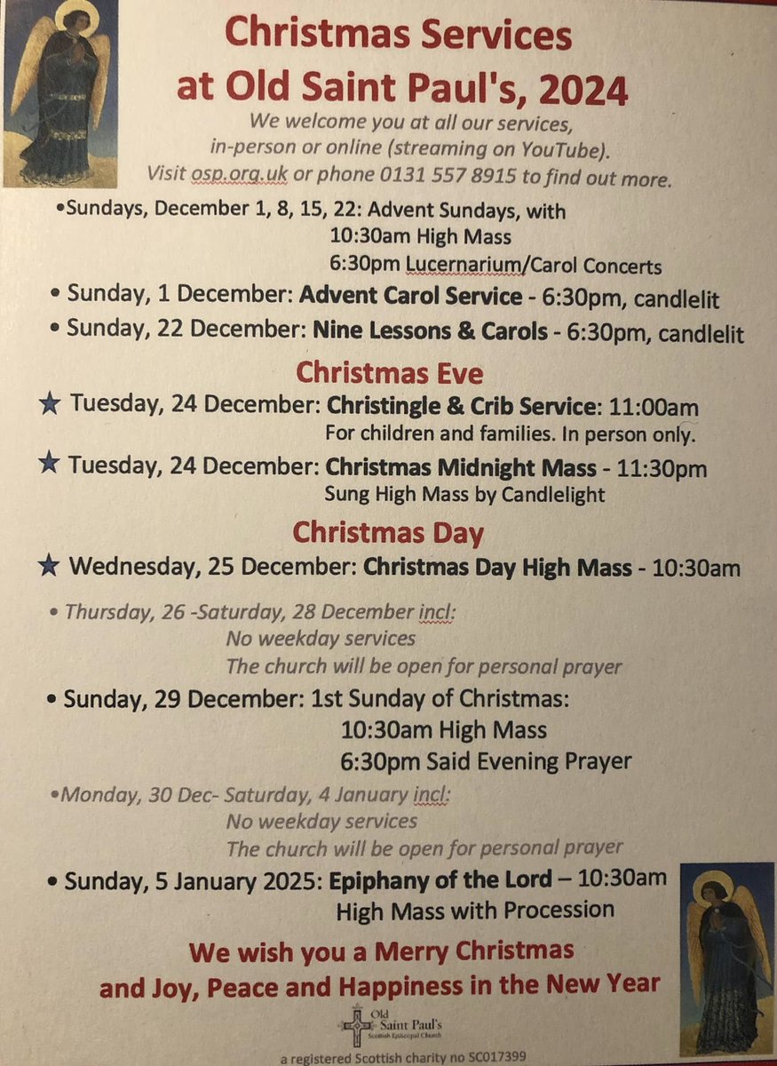 Looking for Advent and Christmas services in Edinburgh City Centre? You are welcome to join in worship with Old Saint Paul’s! See our website for further details: osp.org.uk/news-and-event…