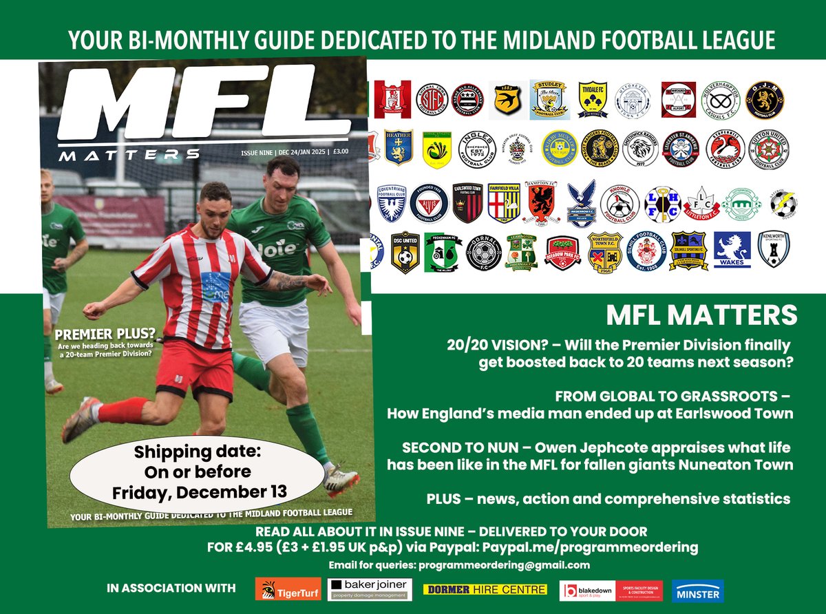 MFLMattersMag's tweet image. 🎉 IT'S HERE! Issue 9 is out this week!

Your bi-monthly guide to the @MidlandLeague features:

🌟 What next season's Prem could look like, incl. views from @stone_OA &amp;amp; @DudleyTownFC

🏆 @alportfc &amp;amp; @SuttonUtdFC fly FA Vase flag

➕ @ETFC1968, @NuneatonTFC, news, stats &amp;amp; more 👇