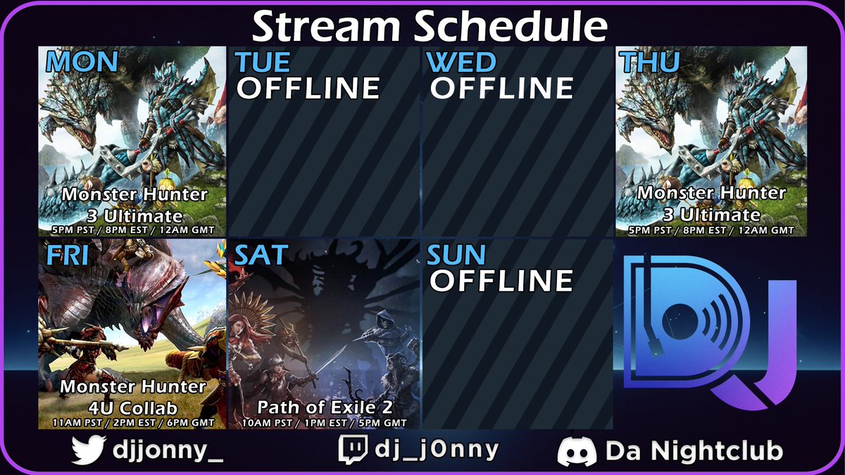 Alrighty, we're gonna stream for real this week! We have some MH 3 Ultimate progress to do then we'll be hanging out with <a href="/Helix101_Gaming/">Helix101 🎸🦆</a> , <a href="/ForestRaider/">ForestRaider🌱</a>  and <a href="/purrodie/">Purrodie ᓚᘏᗢ</a>  this Friday for MH4U. We're also gonna play some PoE2 (I'm in way too deep lol). Catch y'all later!