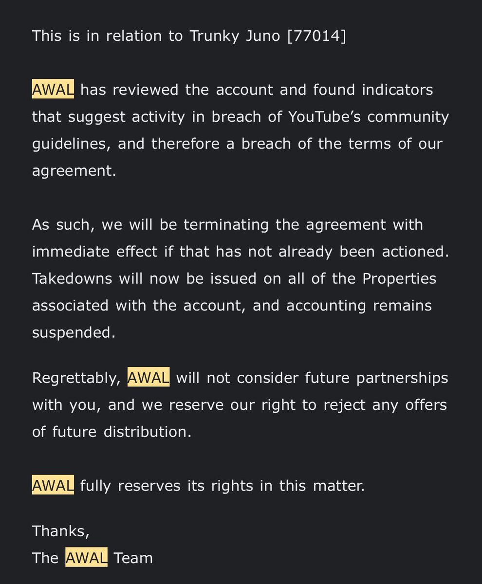 Just a word of advice, never use AWAL for music distribution. They are snakes, who hide behind automated emails. Probably going to have to re-upload a year old EP through a new distributor. Not ideal. I haven’t broken any YouTube community guidelines. Not a single one. PAY. ME.