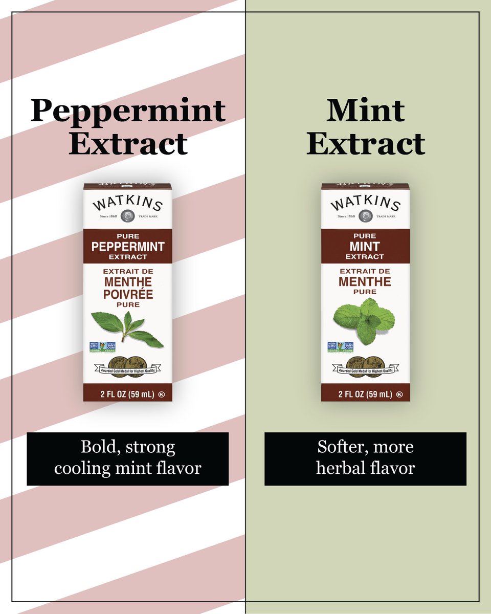 What’s the difference?! 💭 Watkins Pure Peppermint Extract is a baking must-have to deliver on the strong flavor in sweet treats, while Pure Mint Extract is the perfect flavor note for a softer, herbal flavor in your dishes!

#watkins #watkins1868 #peppermintextract #mintextract