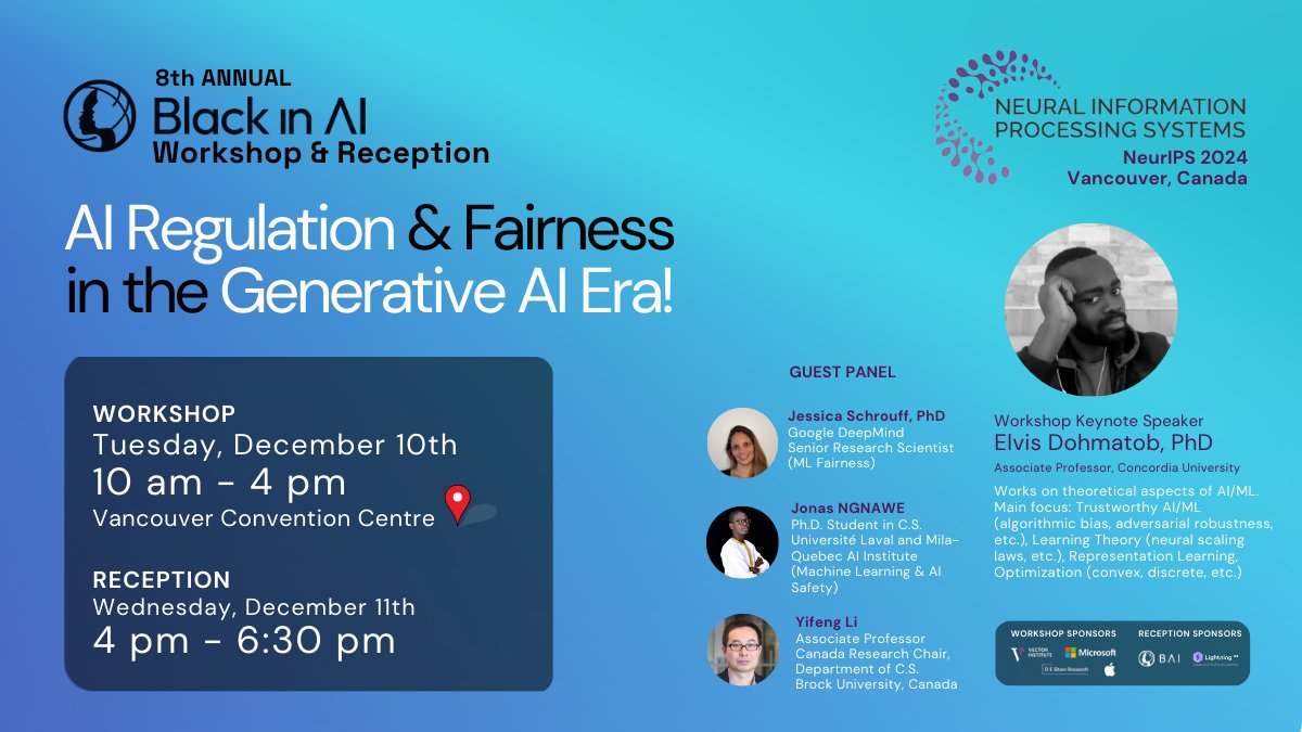 We look forward to seeing you at NeurIPS! Join us tomorrow for our 8th Annual Workshop on “AI Regulation &amp; Fairness in the Generative AI Era” and Wednesday for our reception. We're thrilled to share this programming with you and provide a space for networking and discussion!
