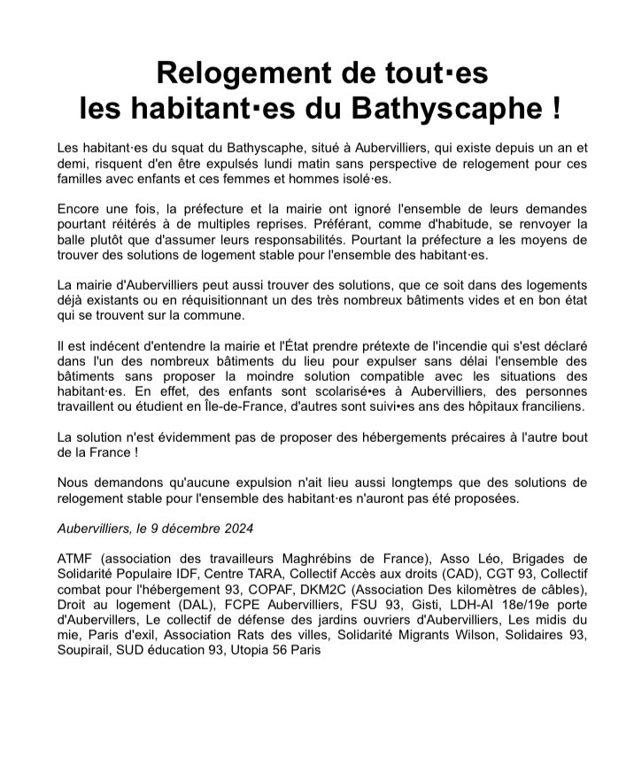 93Fsu's tweet photo. 🔴 COMMUNIQUÉ
Relogement de tou•tes les habitant•es du Bathyscaphe !
Communiqué inter assos, collectifs et syndicats du 9 décembre 2024
@aubervilliers93 #Bathyscaphe https://t.co/VkvBIXQw76