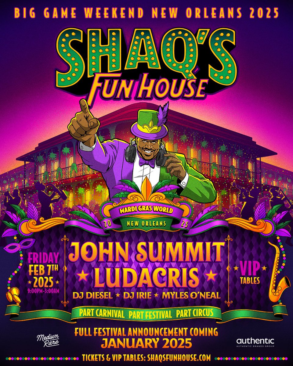 🏈🏆 Pumped to be playing in NOLA Super Bowl Weekend with the one and only <a href="/SHAQ/">SHAQ</a> at his mega festival <a href="/ShaqsFunHouse/">Shaq's Fun House</a> on Friday, Feb 7th, for a wild music festival and carnival experience! Tickets start at $199 &amp; pre-sale begins Friday at 10AM CT. Register: ShaqsFunHouse.com