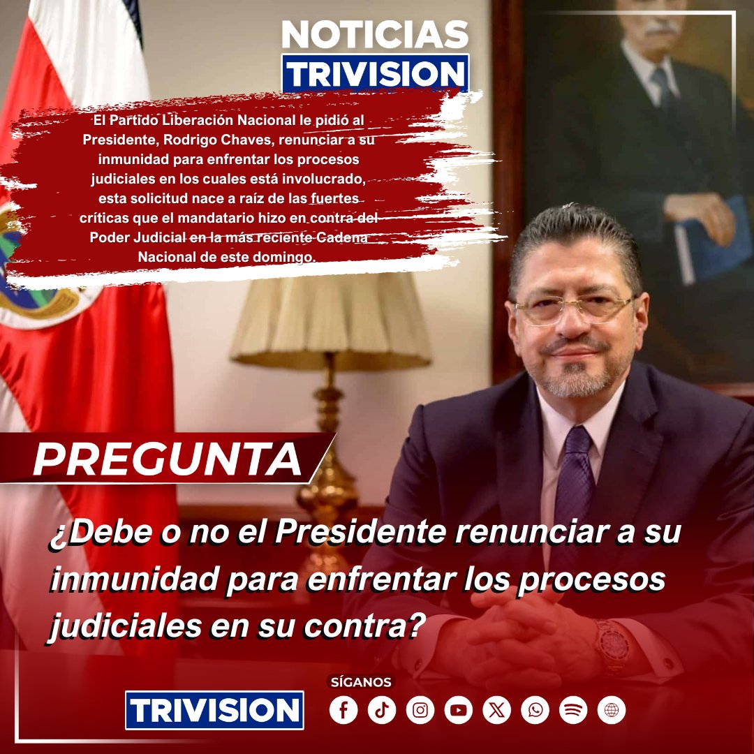 🔴 #NoticiasTrivisión | El Partido Liberación Nacional, le pidió al Presidente, Rodrigo Chaves, renunciar a su inmunidad; esto por los cuestionamientos del mandatario en Cadena Nacional hacia el Poder Judicial.