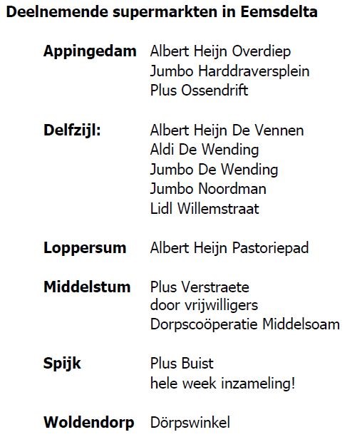 <a href="/VdsbEemsdelta/">VoedselbankEemsdelta</a> houdt a.s. vrijdag 13 en zaterdag 14 dec. een grote inzamelingsactie bij de supermarkten in <a href="/Eemsdelta/">Gemeente Eemsdelta</a>.

Dit is nodig om onze voorraden aan te vullen, zodat we onze klanten wekelijks een gratis mooi pakket kunnen meegeven.

Meer informatie: bit.ly/36n3O6A