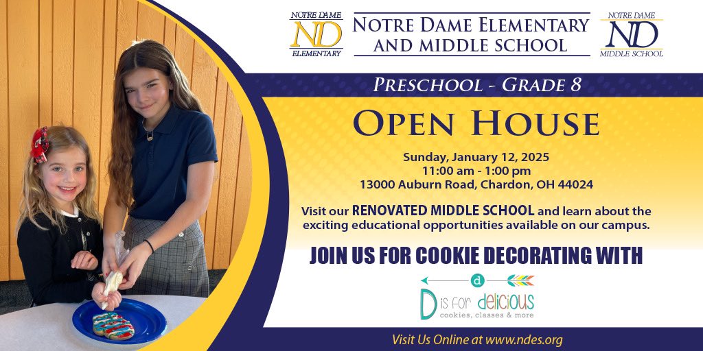 ndes13000's tweet photo. Discover our faith-based education, visit the renovated Middle School, and enjoy cookie decorating with D is for delicious at our upcoming Open House. Register online to learn more!

https://t.co/0YQ65YnitH https://t.co/UKTyyOJmK5